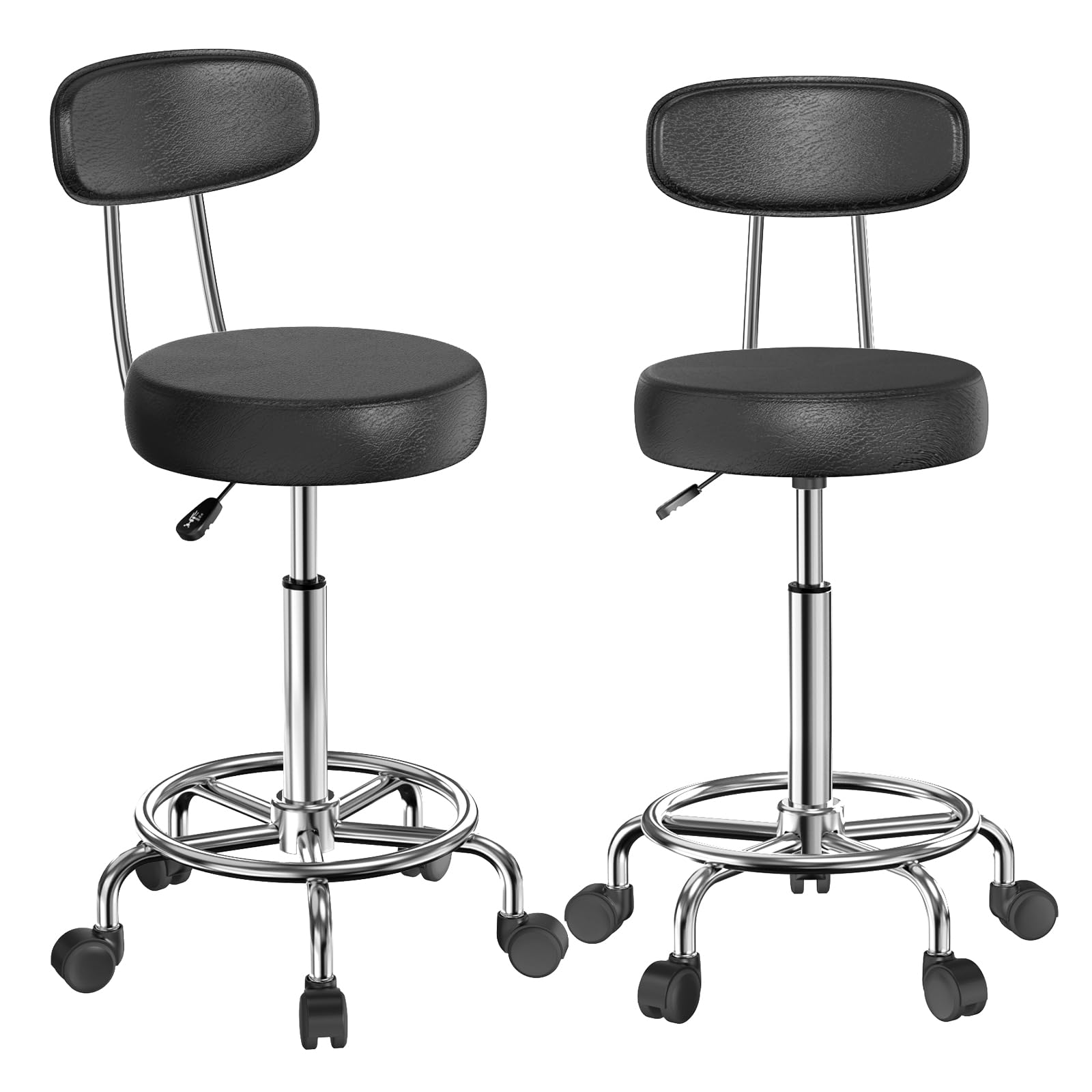 2 Office Chair Without Armrests with Lumbar Support, Stool Wheels Ergonomic Chair Desk Stools Kitchen Swivel Adjustable, Manicure Vanity Chair with Back, Black 35 x 35 x 48.5 – 63.5 cm