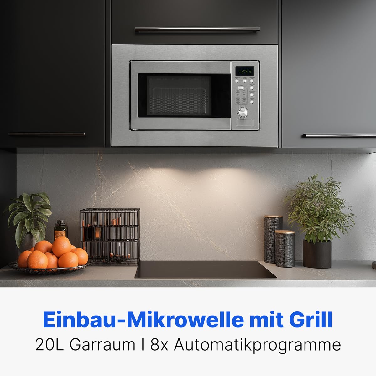 Bomann Einbaumikrowelle mit Grill | 60cm | 800W Mikrowelle | 1000W Grill | inkl. Grillrost und Drehteller | 20L Einbau Mikrowellengerät | MWG 2215 EB inox