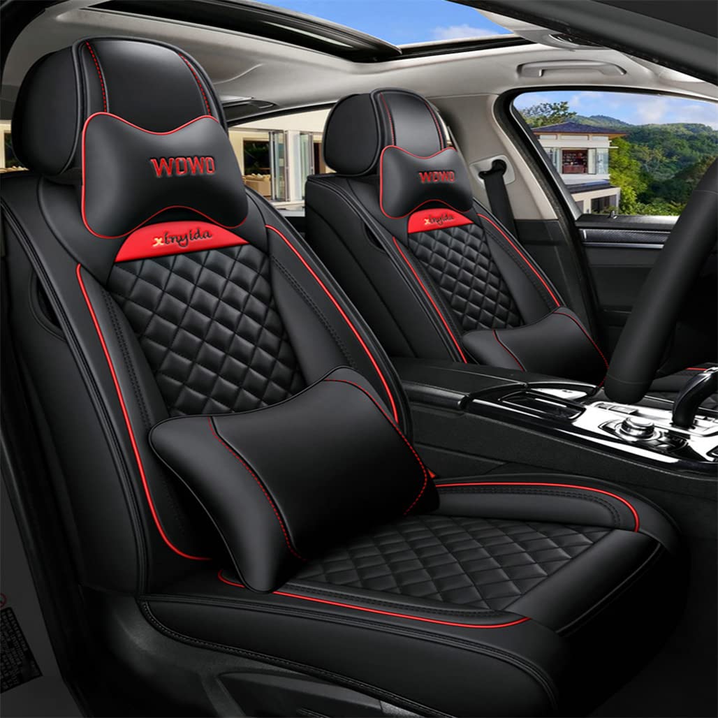 Car Seat Covers with Pillows Fit for Chevy Cruze Durable PU Leather Cushion Covers for 5 Seats Vehicle, Auto Interior Accessories Airbag Compatible (Black)