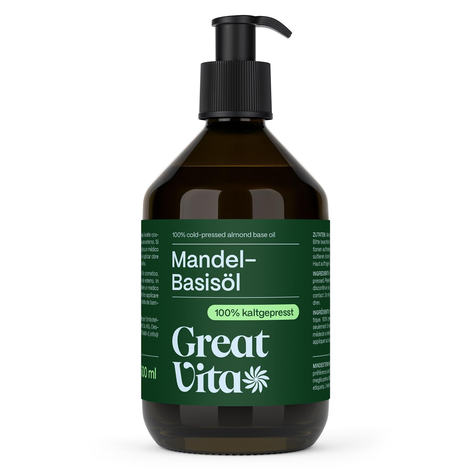 GreatVita Mandel Basisöl, 1er Pack (1 x 500 ml) vegan, gentechnikfrei, ideal zur Haut- und Haarpflege, für Aromatherapie & als Basisöl für Massageöle oder Naturkosmetik