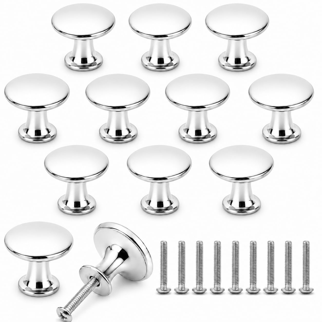 QZKJQDD 10 Pack Cabinet Knobs, Drawer Knobs Silver Round Cupboard Handles, Chrome Furniture Pulls, Single-Hole Alloy Hardware with Screws, 30mm Kitchen Wardrobe Dresser Bathroom Doors, Modern Home
