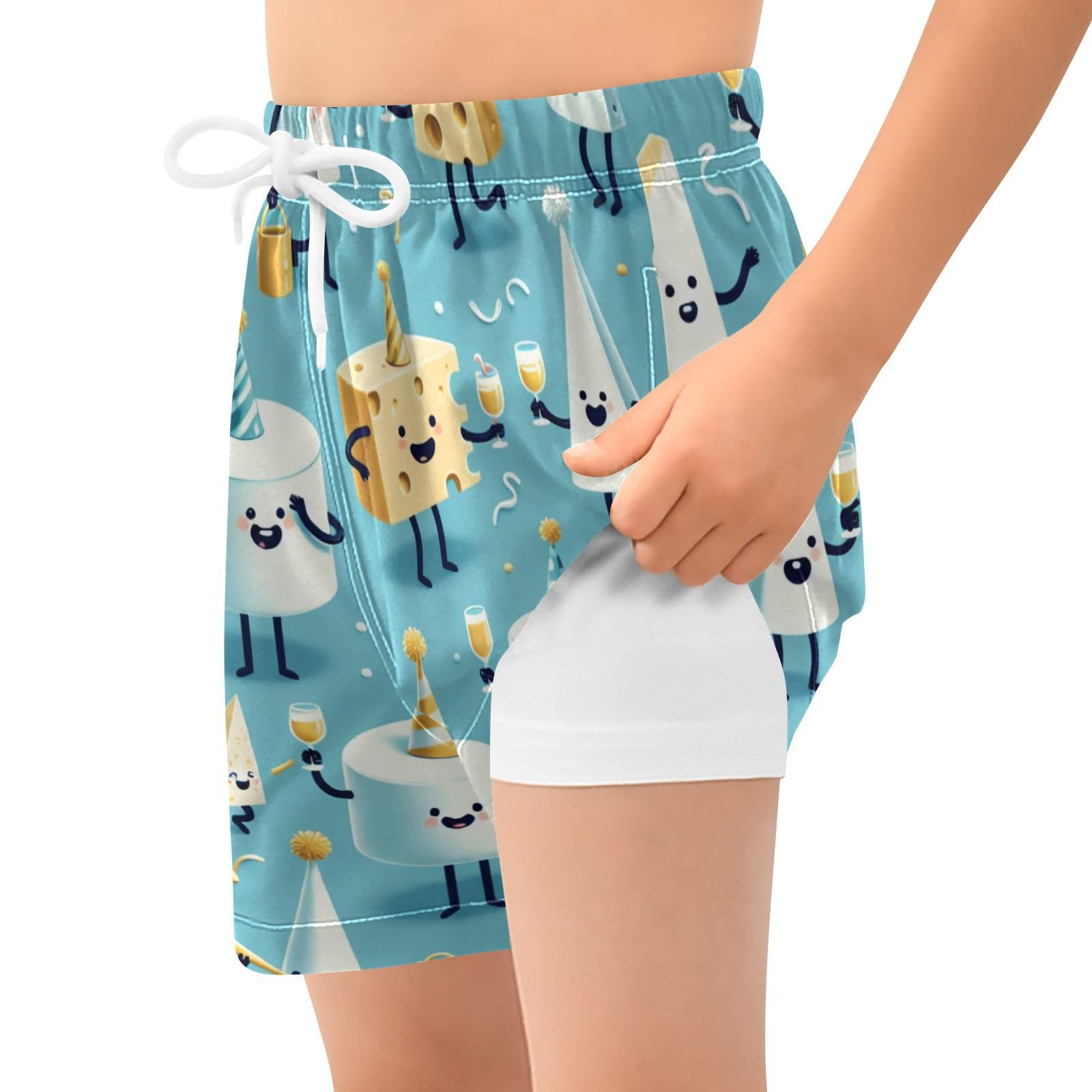YANENDIE Boy Swim Trunks with Compression Liner Cartoon Cheeses Boys Swim Shorts Quick Dry Beach Shorts