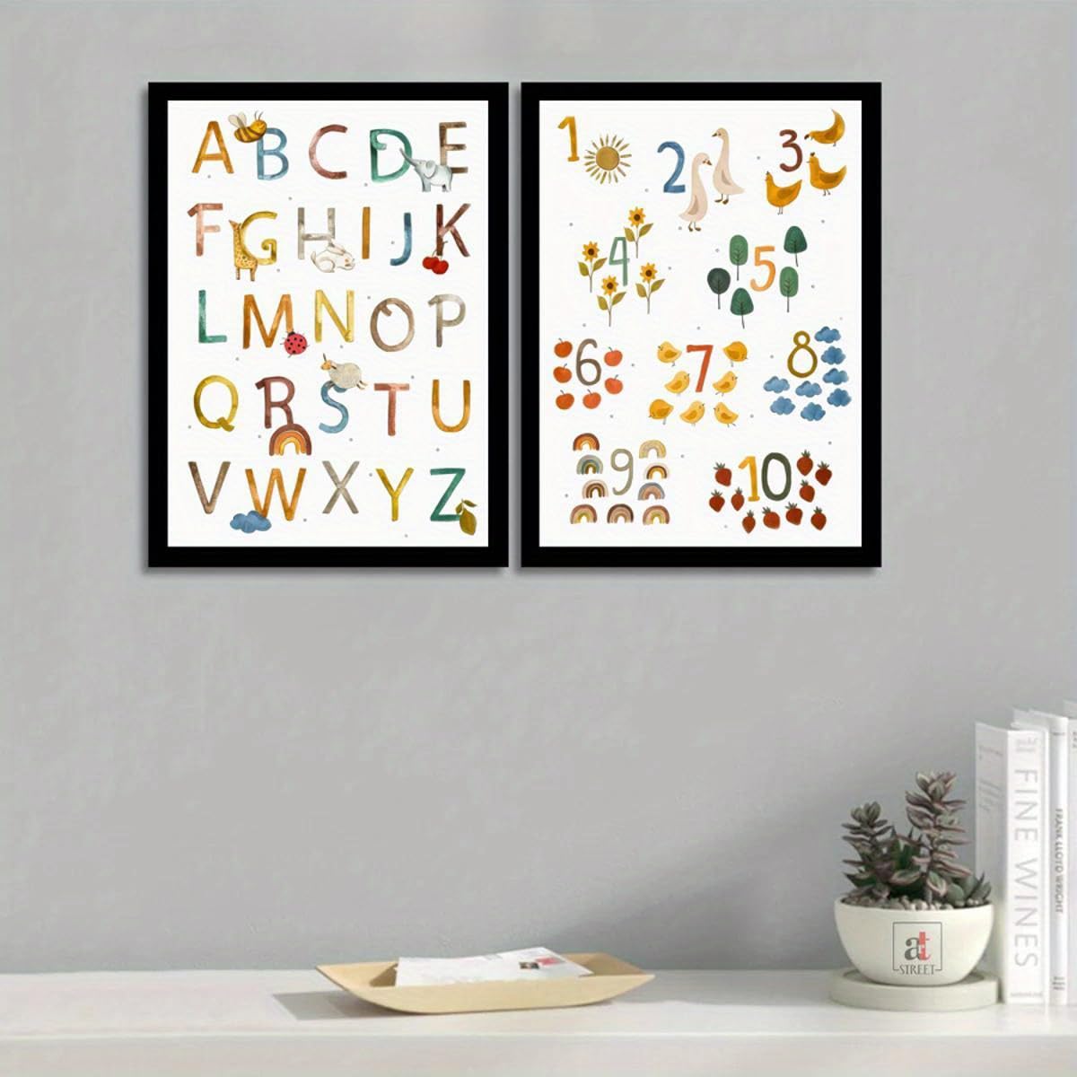 GLWDME Toile murale éducative avec alphabet, chiffres et lettres, images, affiches et impressions pour chambre à coucher, peinture murale（Encadrée）