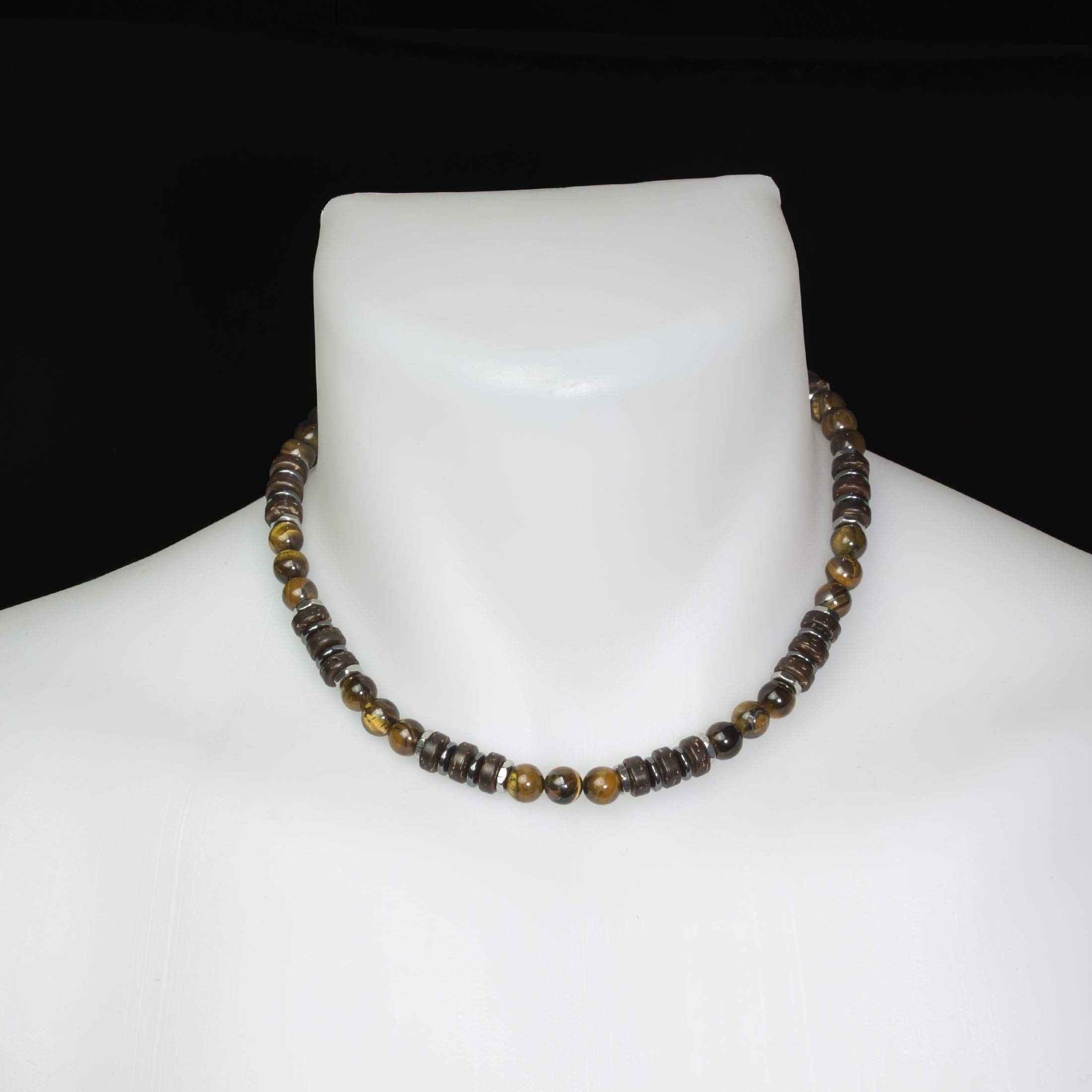 Sublime Collier Homme/Femme pierre Naturelle 8mm Œil de tigre bois coco hématite métal inoxydable couleur argent COLLITIGRIN