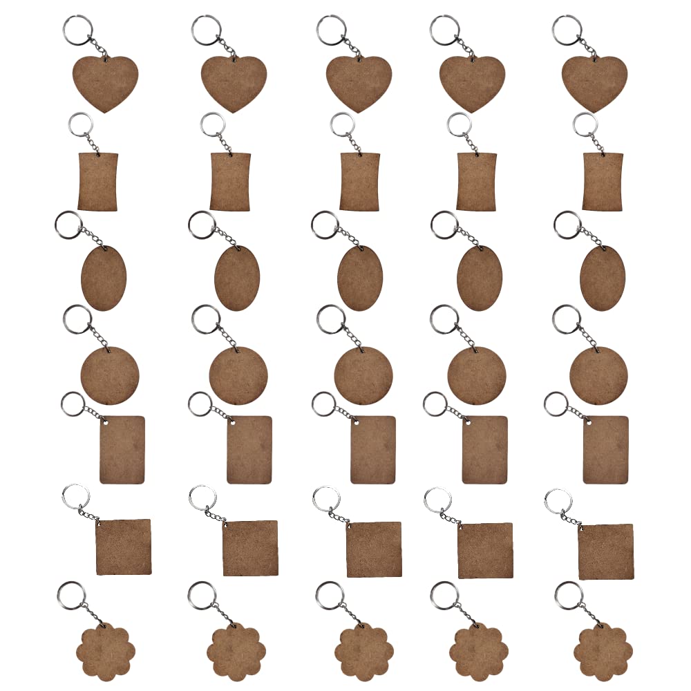 PICRAZEE DIY Wooden Plain MDF Key Chains for Wood Sheet Art &Craft, Painting, Decoupage, Resin Art Work, Mandala, Decoration, Fluid Art (35 PCS 7 Shapes 5 Each)