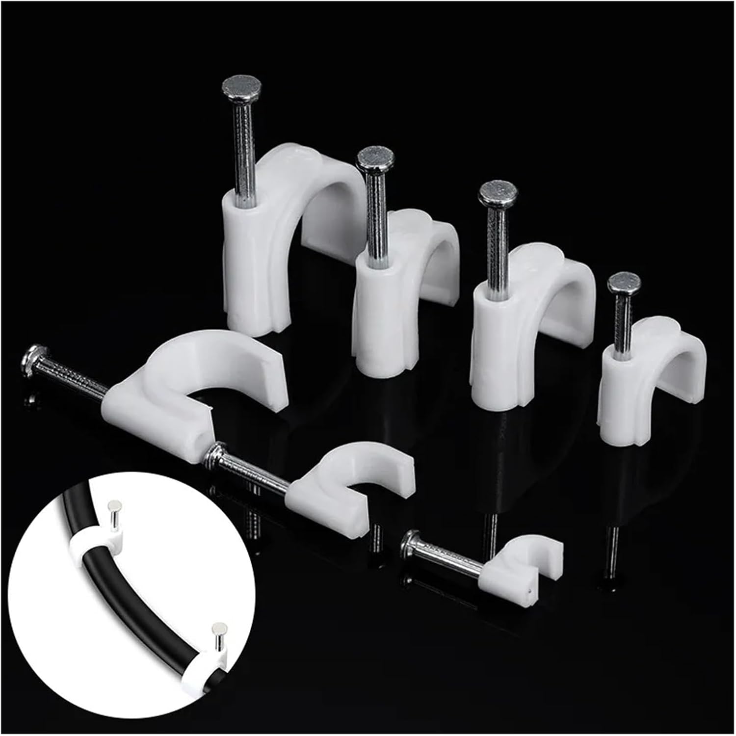 Cable Tidy Cable Nail Clips，Wire Tidy Clips, 100PCS Round Cable Clips 4~16 Mm C Shaped Management Nylon Carbon Steel Nails Line Cord Tie Circle Wire Wall Holder(5mm)(9mm)