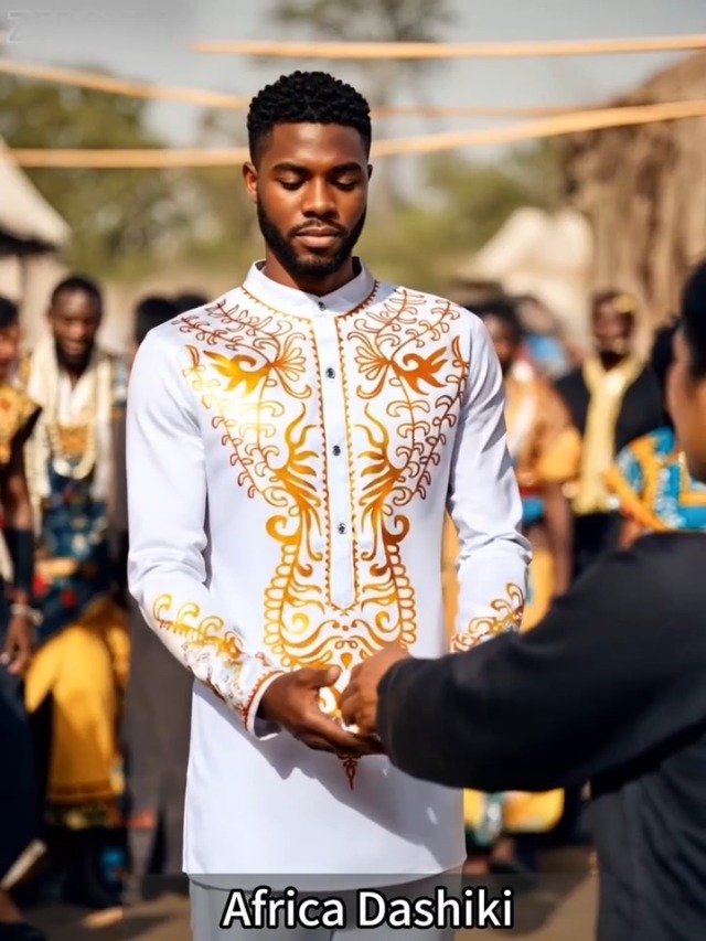 Tenue Africaine Homme 2 Pièces Dashiki Ankara Imprimé Or – Chemise Manches Longues Et Pantalon Traditionnel Élégant
