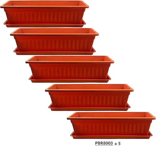 5 piezas de longitud de 19.25 pulgadas, maceta de plástico rojo ladrillo con bandejapara flores, verduras, plantas, plantas de vivero en el jardín,