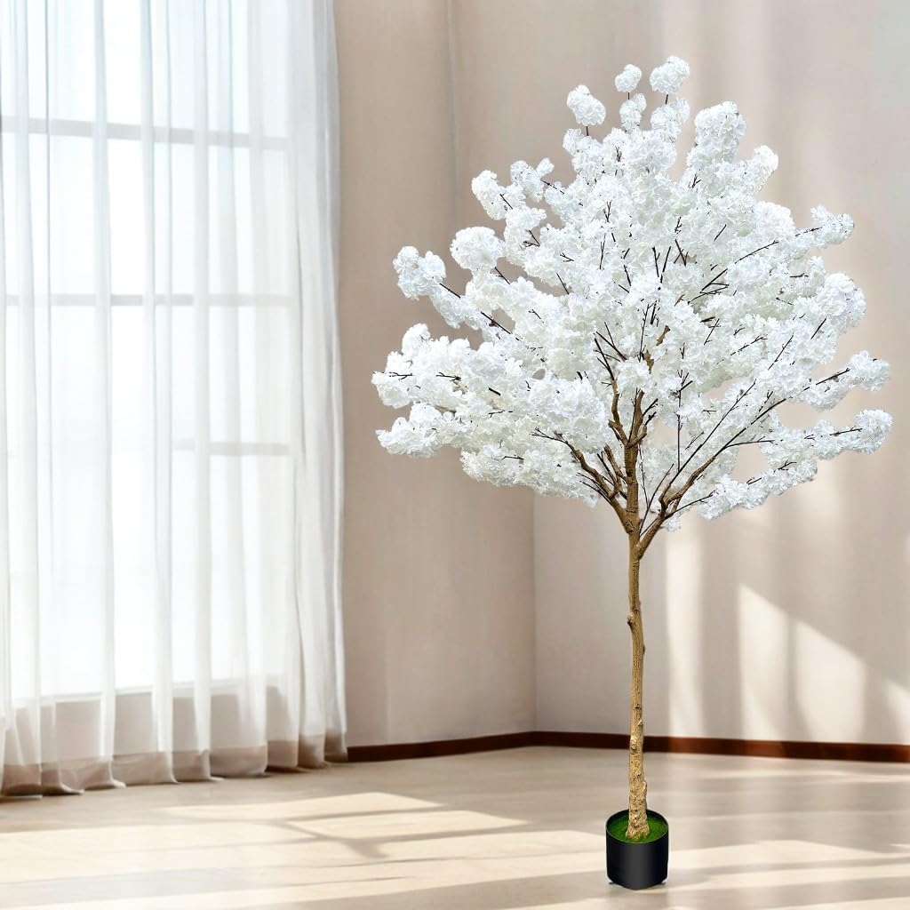 Artificial Cherry Blossom Tree 8.5ft, White, Fake Cherry Tree for Wedding, Home, Office, Living Room, Indoor/Outdoor Decor
