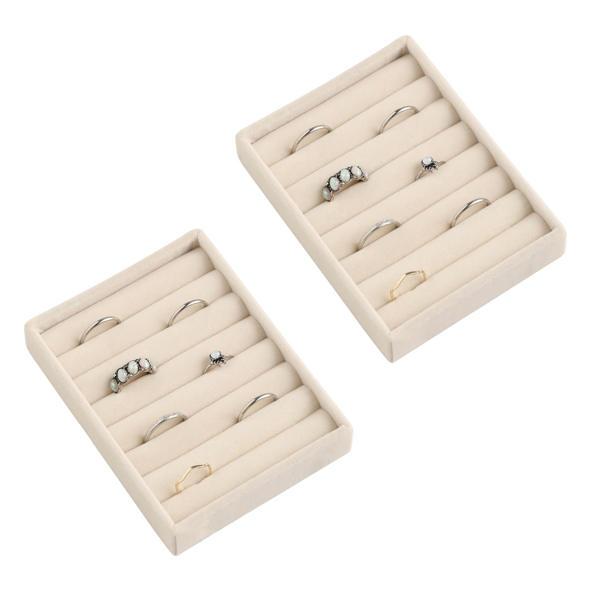 Frebeauty Small Jewelry Tray Set,Velvet Ring Organizer,Stackable Jewelry Organizer Tray,Mini Jewelry Drawer Organizer,4.92 x 3.74 x 0.9 Inches,7 Slots Ring Tray for Women(Set 2,Beige)