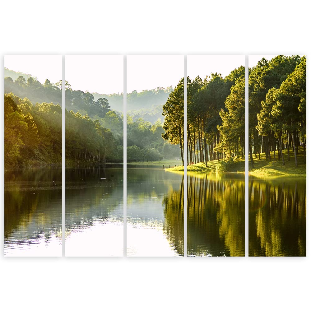 Feeby Cuadro en Lienzo 200x100 cm Árboles El lago Bosque XXL 5 Pieza Modernos Impresión Decoración De Pared Salon Dormitorio Oficina Sol Naturaleza Verde