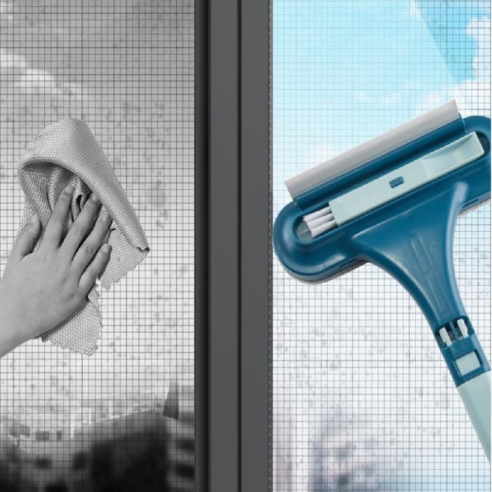 DOCAT Multifunctional Screen Brush 3 in 1 Mesh Cleaning Brush Wiper with Extended Handle Double-Sided Window Cleaning Brush Groove Gap Cleaner Household Cleaning Tools (Window Cleaner, Plastic) 4