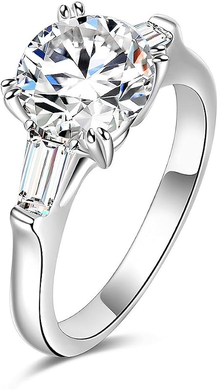 Sterling Silver 2 Carat CZ Baguette Round Solitaire Engagement Ring Bridal Wedding Jewelry