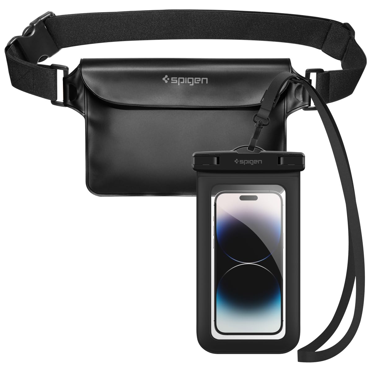 Spigen A621 Aqua Shield IPX8 Borsa impermeabile Marsupio e Custodia impermeabile galleggiante per Smartphone 2 pezzi - Nero