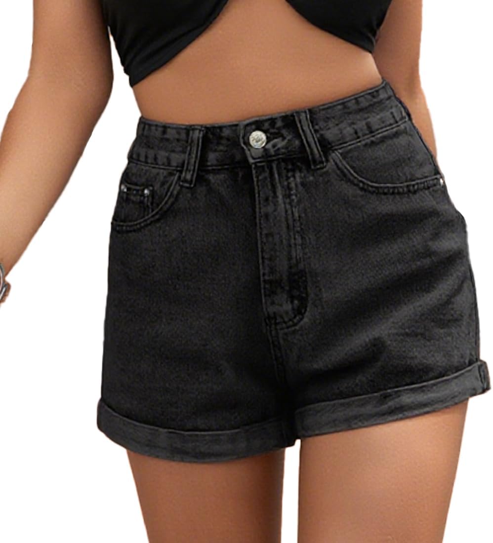 Achiprely Women's Jean Shorts High Waisted Casual Folded Hem Denim Shorts with Pockets