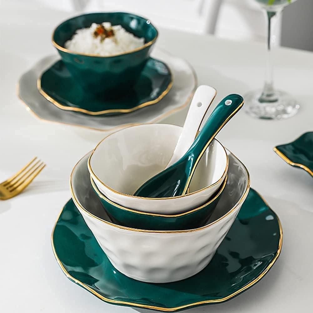 Zestaw zastawy stołowej z talerzami， miskami i talerzami， zielono-biały ceramiczny zestaw obiadowy ze złotem na imprezę lub wesele， 46-częściowy zestaw，