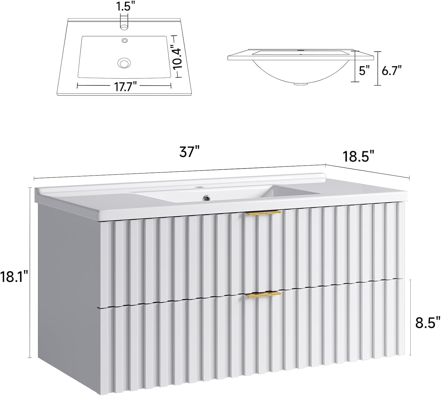 ONBRILL 36 Inch Bathroom Vanity with Sink Combo, Floating Bathroom Vanity with 2 Fluted Drawers & Metal Handle, Modern Wall Mount Storage Cabinet with Ceramic Integrated Sink for Small Space (White)