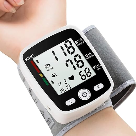 Blood Pressure Monitor Adjustable Wrist Blood Pressure Cuff 2 x 99 Readings Digital Rechargeable Blood Pressure Machine with Voice Broadcasting with Carrying Case for Home Use, Small, Black