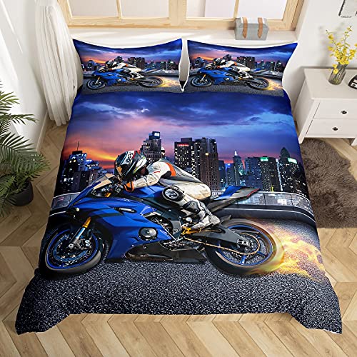 Homemissing Motif Moto Parure de Lit 220x240cm Ados Cool Moto Rider pour Enfants Garçons Enfants Thème Sports Extrêmes Housse de Couette Bâtiment de Ville Moderne...
