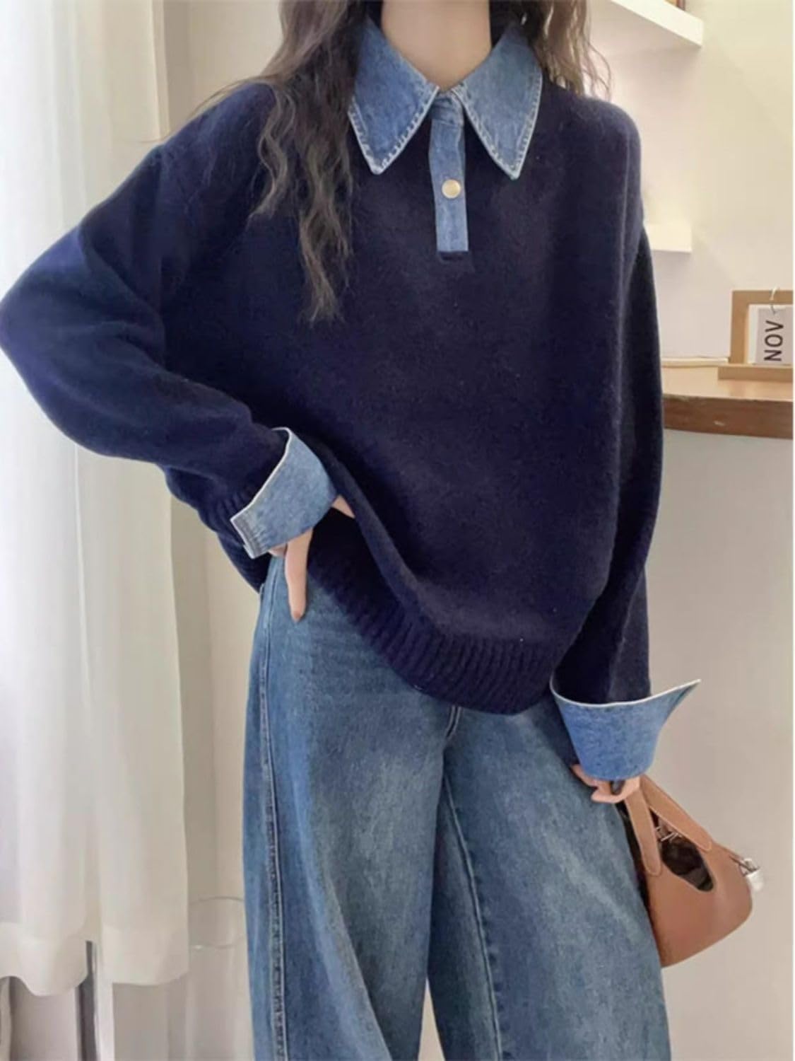 Womens Oversized Pullover Sweaters Long Sleeve Denim Panel Lapel Buttoned Loose V Neck Knit Sweater Tops
