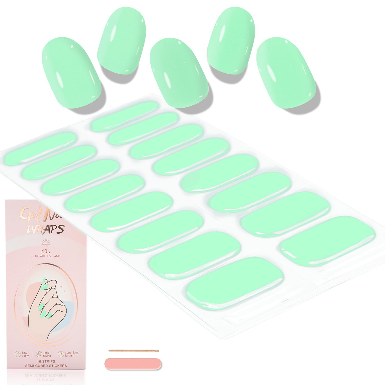 WOKOTO Semi Cured Gel Nail Strips (Mint Green)-16 Pcs Gel Nail Stickers | Gel Nail Wraps | UV Light Required, Salon Quality & Easy to Use, Real Nail