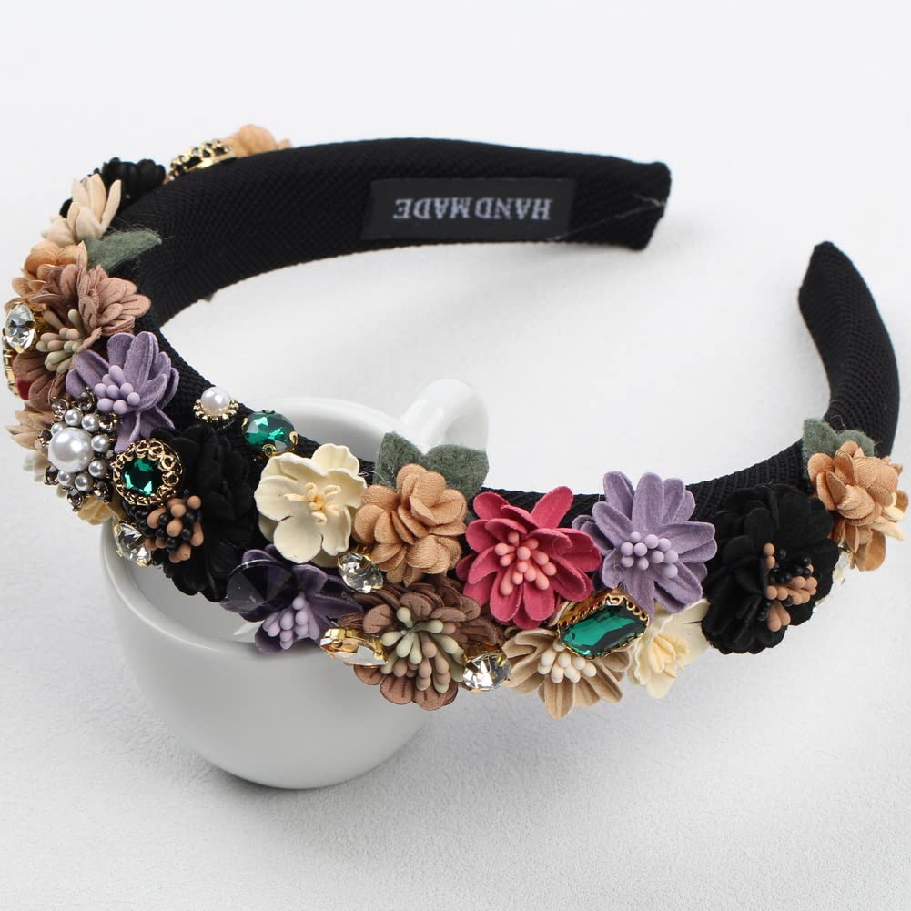 Diademas de esponja de flores de perlas de cobertura completa, cuentas gruesas de piedra de cristal, accesorios para el cabello para mujer, diadema con diamantes de imitación (color negro)