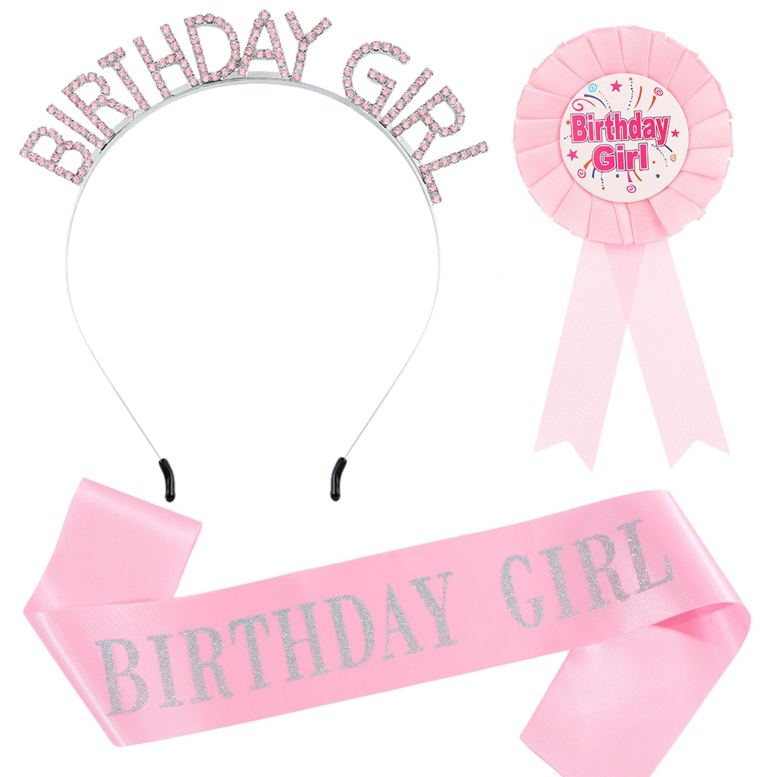 Kalttoy Girls A 3Pcs Sparkling Birthday Ccessories Crystal Headpiece, Shoulder Strap & Decorative Pin For Party Decor & Celebration Birthday Hairband Set