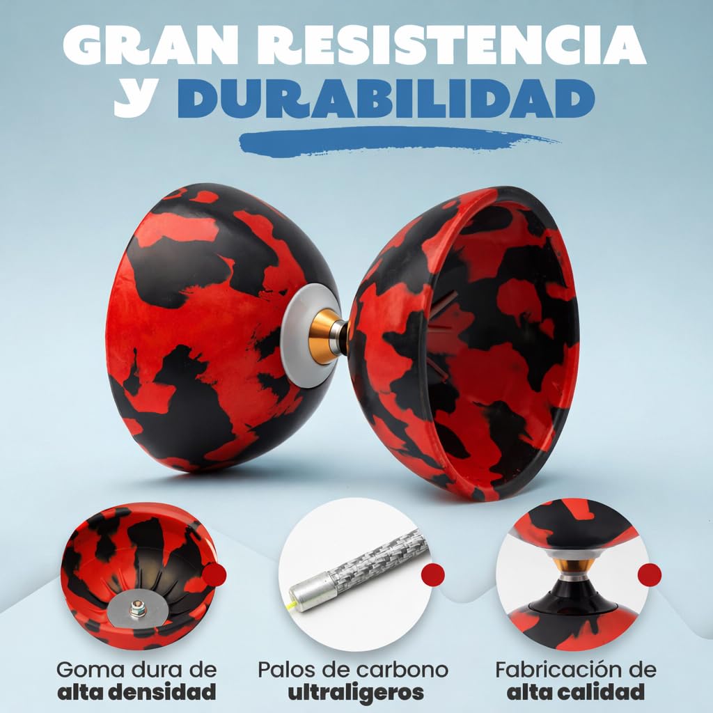 Diábolo Profesional Triple Rodamiento, Diabolo de Malabares con Palos de Fibra de Carbono, Cuerda y Bolsa de Transporte, Estable y Resistente para Principiantes y Adultos (Rojo y Negro)