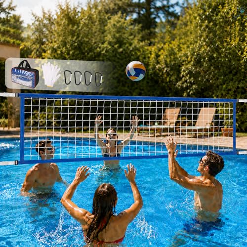 Pool Volleyball Net Replacement Heavy Duty PE Net with Adjustable Length 15-30 FT Waterproof Oxford Border for Outdoor In-Ground & Above Ground Pools Includes Carabiners & Storage Bag (Blue)