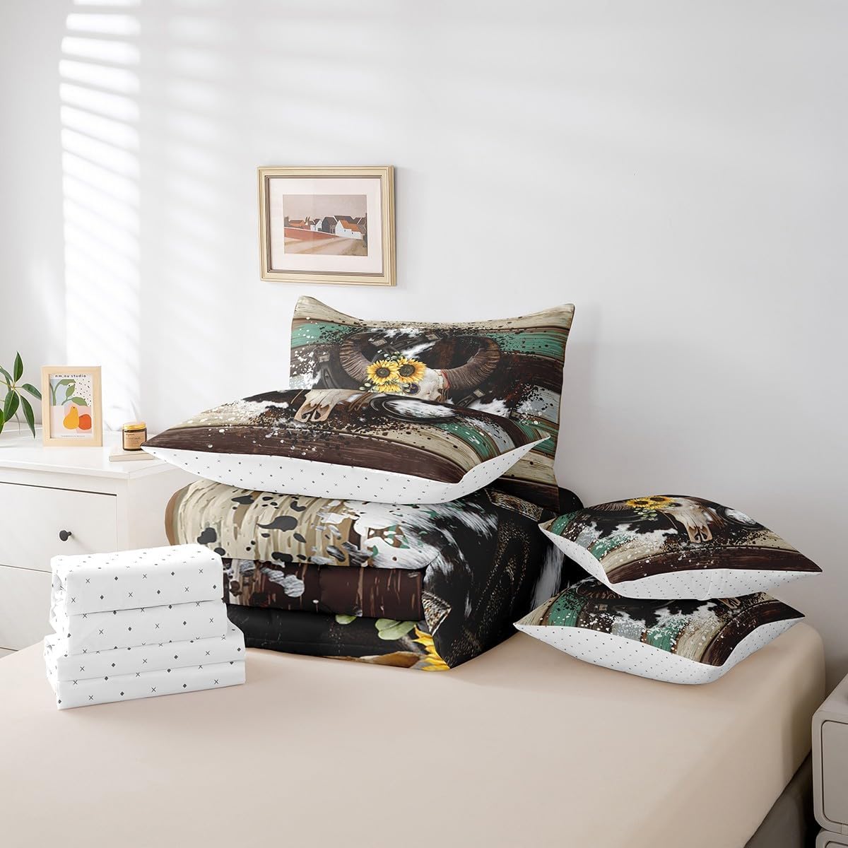 Castle Fairy Bull Skull Kids Comforter Set 7 Piece Queen Size,Rustic Retro Cow Skin Fur Print Reversible Quilt Set,Wild Animal Country Farm Wooden Board Bedding Set with Comforter,Sheet,Pillowcase