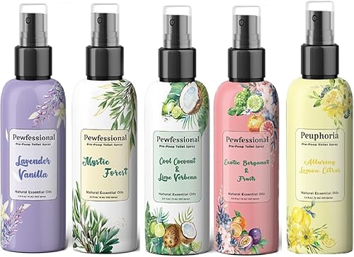 Pewfessional - Spray preexcremento para inodoro antes de llevar, eliminador de olores de inodoro de 2.5 onzas, tamaño de viaje, paquete de 4 + 1