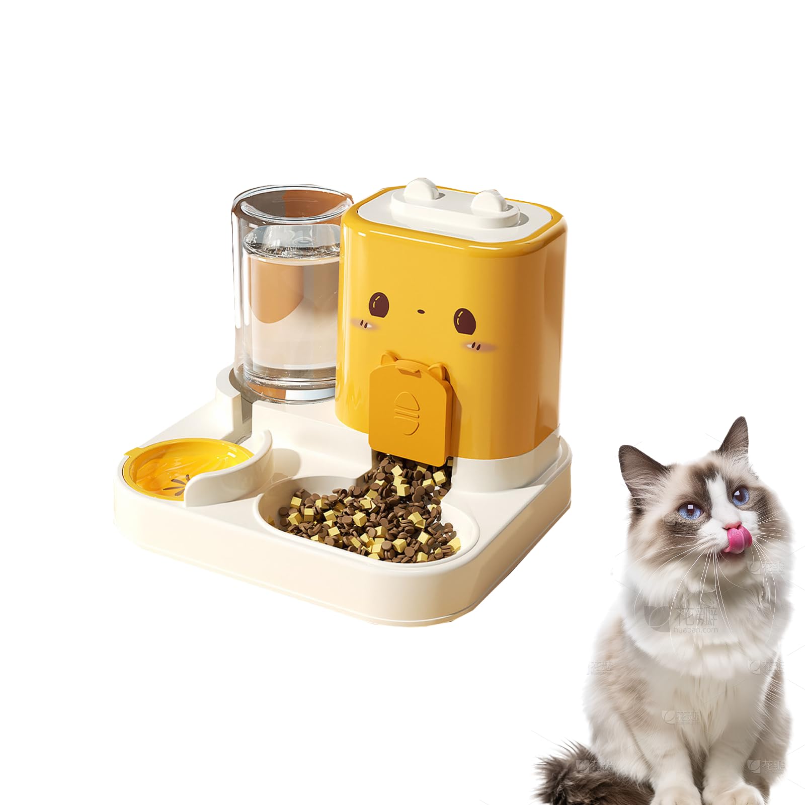 Futterspender Katze Automatisch mit Trinkbrunnen | 2 in 1 Futterautomat & Wasserspender für Katzen | Futter + Transparenter Tank | Süßes Katzengesicht Design in Rosa/Grün/Gelb​ (C)