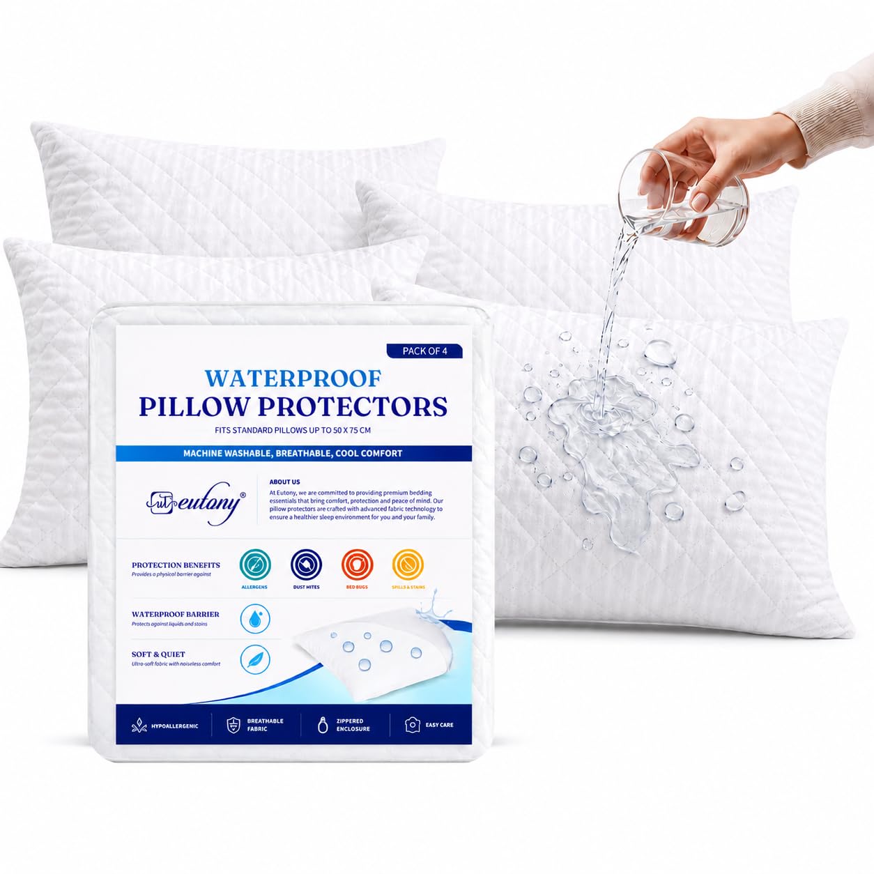 Eutony Pillow Protectors 4 Pack Quilted Waterproof Zipped - Zipped Pillow Protectors, Quilted Pillow Protector, Soft & Breathable Hypoallergenic 50 x 75cm - White (Quilted Pack of 4 | 50x75 cm)