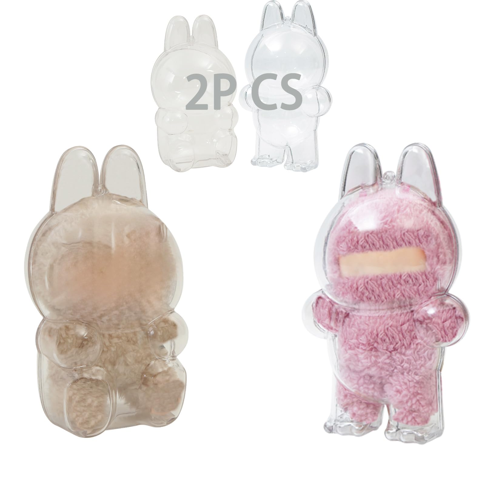 2PCS Protective Case for LABUBU, Clear Figure Display Bag with Keychain, Plastic Protective Cover, Storage Transparent PVC Bag Hanging Model (Doll Not Include, 1 PC Standing & 1 PC Sitting)