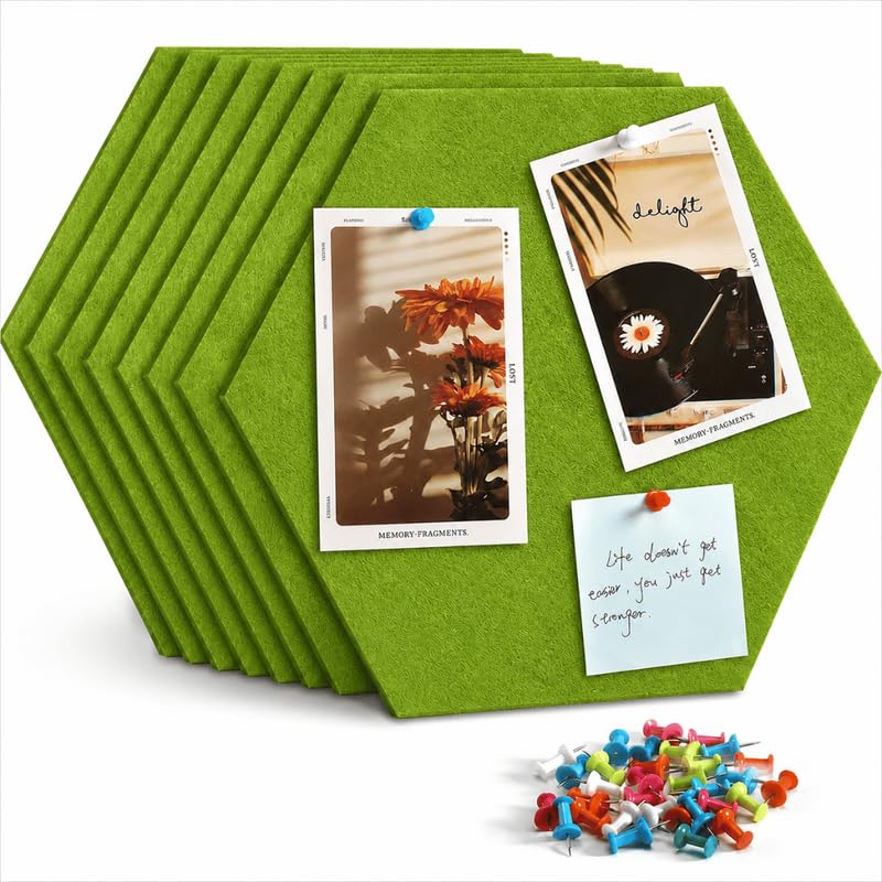 Image of Quiet Canvas Hexagon Pinboard, 1x1 ft, Pack of 8, 50 PushPins, (Green)
