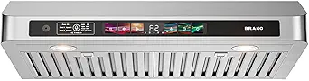 BRANO 30 Inch Under Cabinet Range Hood with Voice/Gesture/Touch Control, 900 CFM Kitchen Vent Hood with 4-Speed Exhaust Fan, Stainless Steel Stove Hood with LED Lights, Baffle Filters