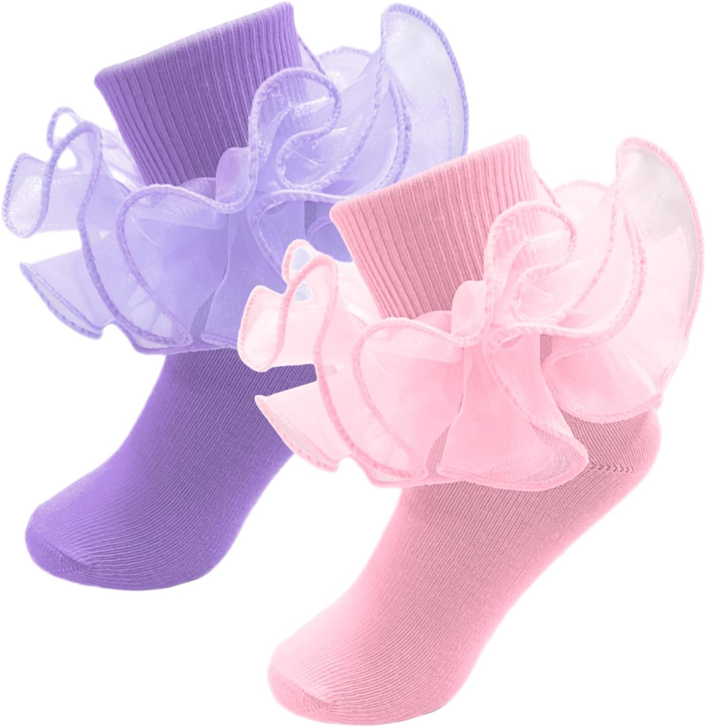 2 Pairs Girls Ruffle Socks Toddler Girl Frilly Dress Socks Fold Double Lace Big Ruffles Church Fancy Sock Little Kids