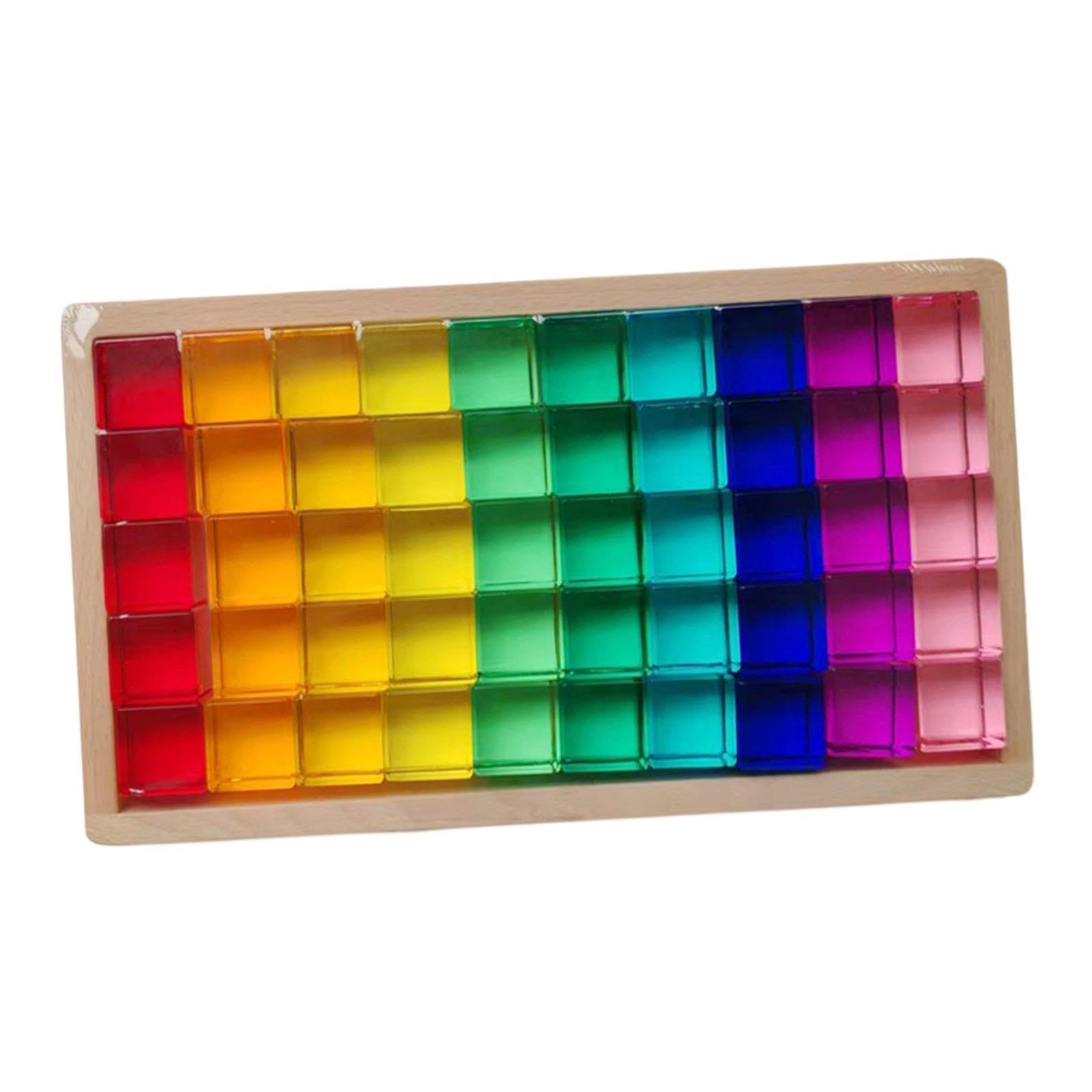 Regenbogen Bausteine Set Kinder mit Acrylklötzen Motorik Stapelspiel Transparent Holzbox Lernspaß für Kinderzimmer Geschenk Draußen Drinnen, 50 Stück