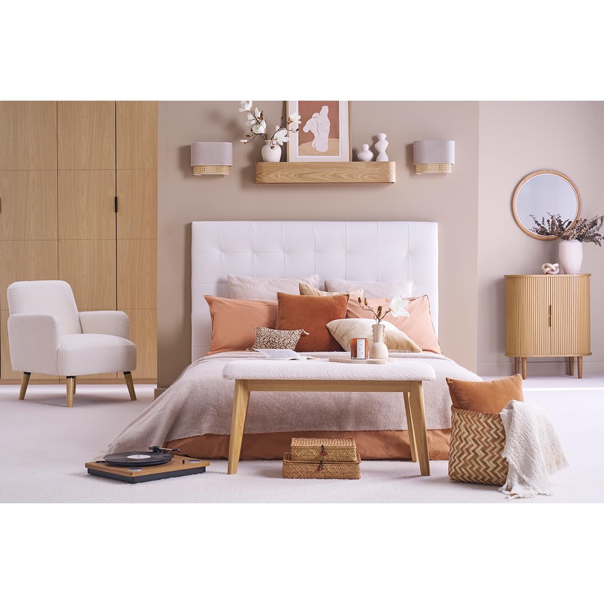 Miliboo Banc scandinave en Tissu Effet Laine bouclée Blanc et Bois Clair L92 cm ELION