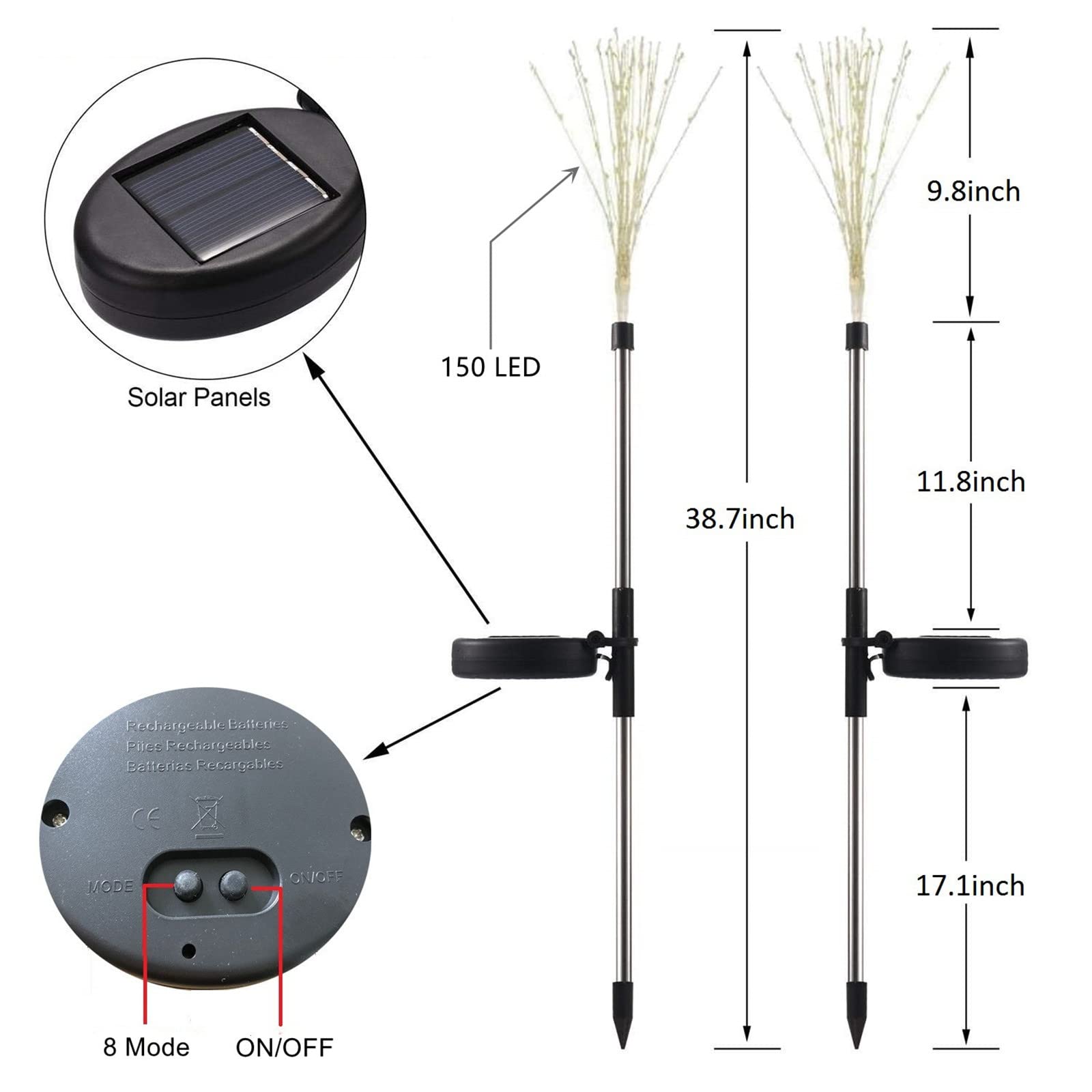 Solarne lampy ogrodowe na zewnątrz, 2 sztuki, 150 diod LED, wodoodporne, fajerwerki, dekoracja ogrodu, oświetlenie DIY, kolorowe światło na ścieżkę, patio, trawnik, podwórko, Boże Narodzenie, przyjęcie, ozdoba ślubna (kolorowe światło)