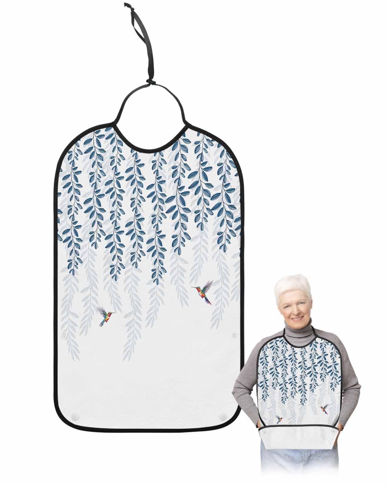 LEOKOTI Blue Botanical Adult Bibs for Eating, Waterproof Bibs with Food Catcher & Adjustable Snap Closure, Pastoral Spring Floral Summer Birds Washable Clothing Protectors Adult Bibs for Elderly