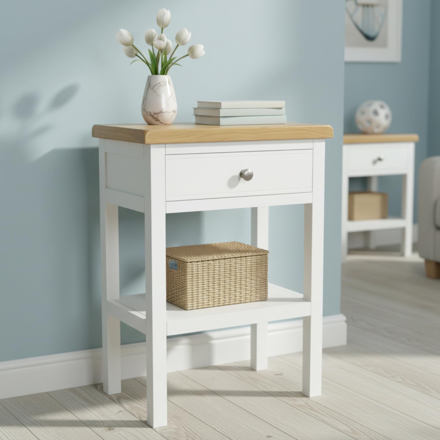 GROF GROFurniture Snow White Console Table with Drawer, Wide Console for Living Room Side Table Oak Top, Ready Assembled Telephone Table for Hallway Console