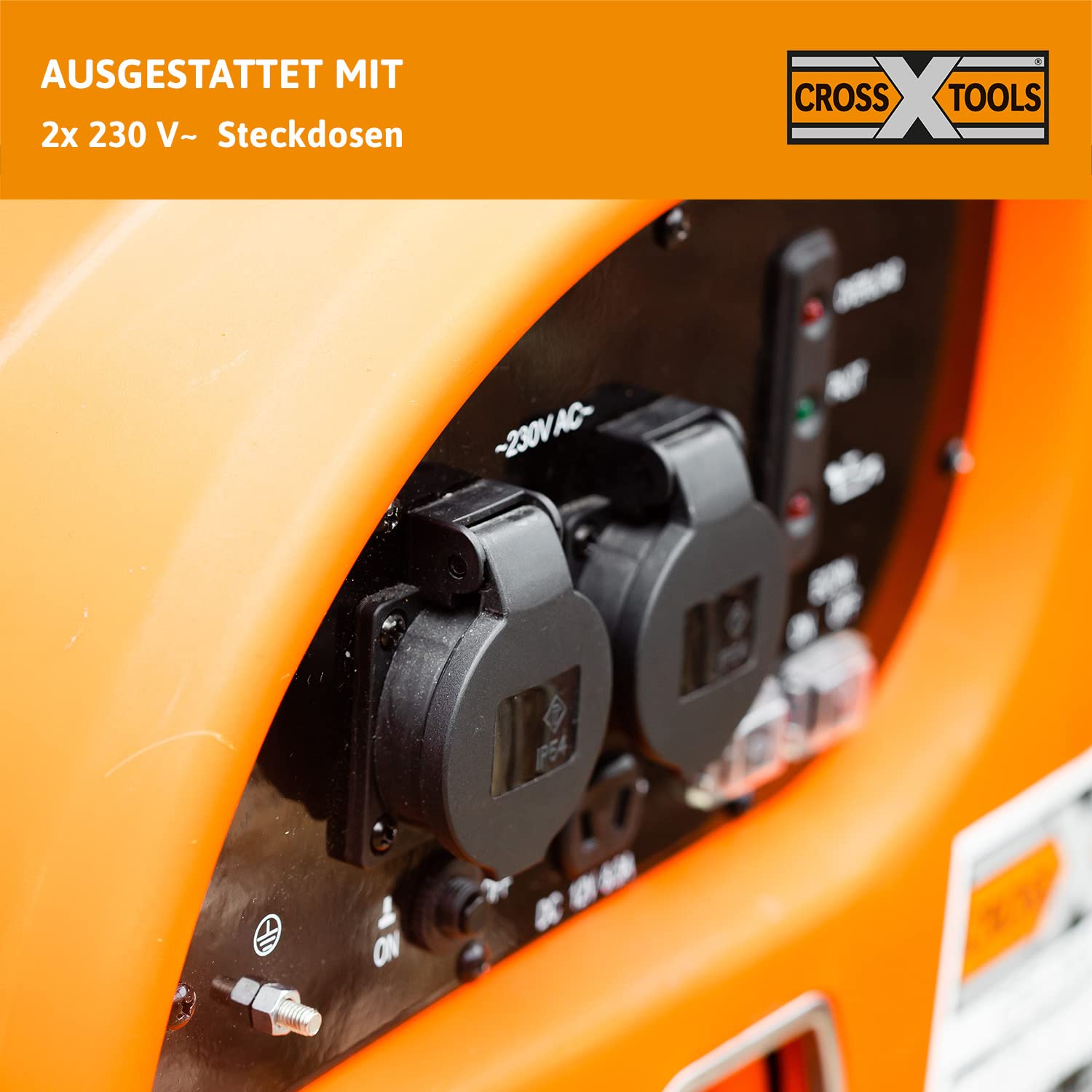 CROSS TOOLS Generator prądu inwertorowego na benzynę, agregat prądotwórczy (moc maks. 2200 W, 2 x 230 V; 1 x gniazdo 12 V, technologia INV umożliwia ładowanie laptopa, telefonu komórkowego itd.) CPG