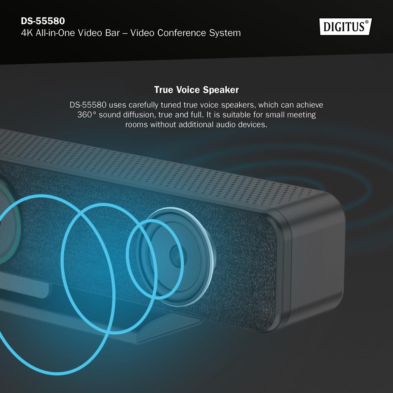 DIGITUS DS-55580 Video Bar Pro, system wideokonferencyjny - kamera internetowa 4K UHD 30 Hz ePTZ - 1 mikrofon biurkowy i 4 mikrofony wewnętrzne - głośniki - automatyczna regulacja ostrości i zoomu