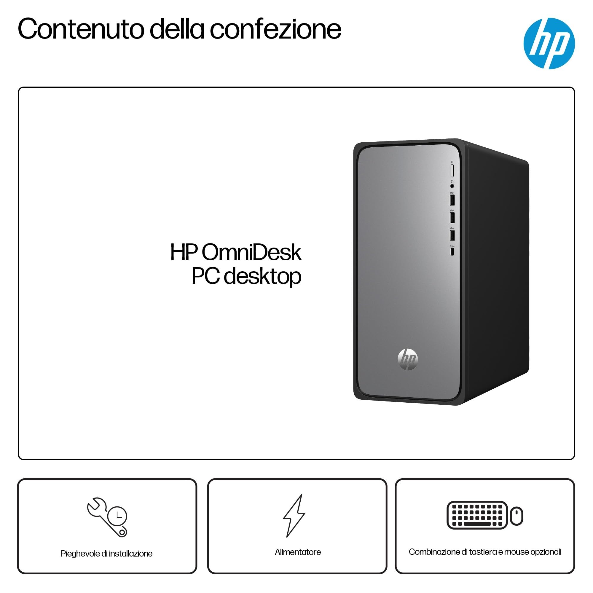 HP OmniDesk M02-0007sl, Desktop, Intel Core i5-14400, Intel Evo, 16GB RAM, 512GB SSD, Grafica Integrata, PSU ad Alta Efficienza, Windows 11 Home, Meteor Silver
