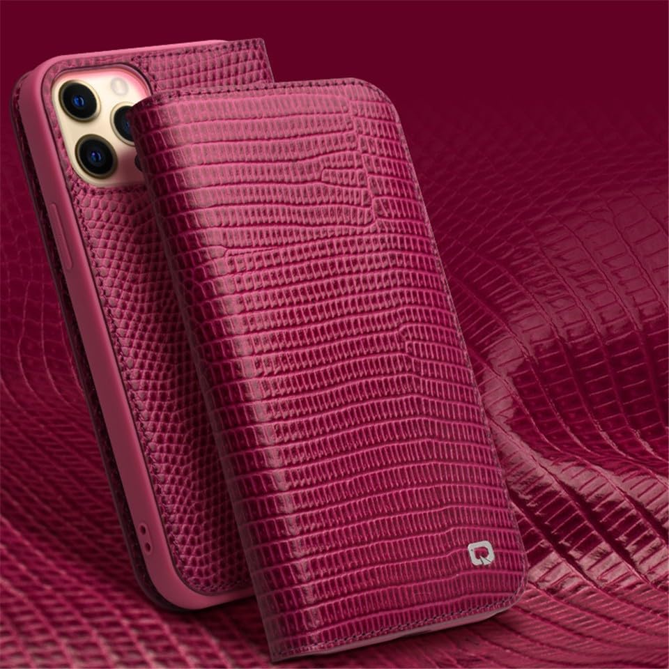 Coque iPhone 14 Plus cuir véritable rose magnétique porte-carte de luxe