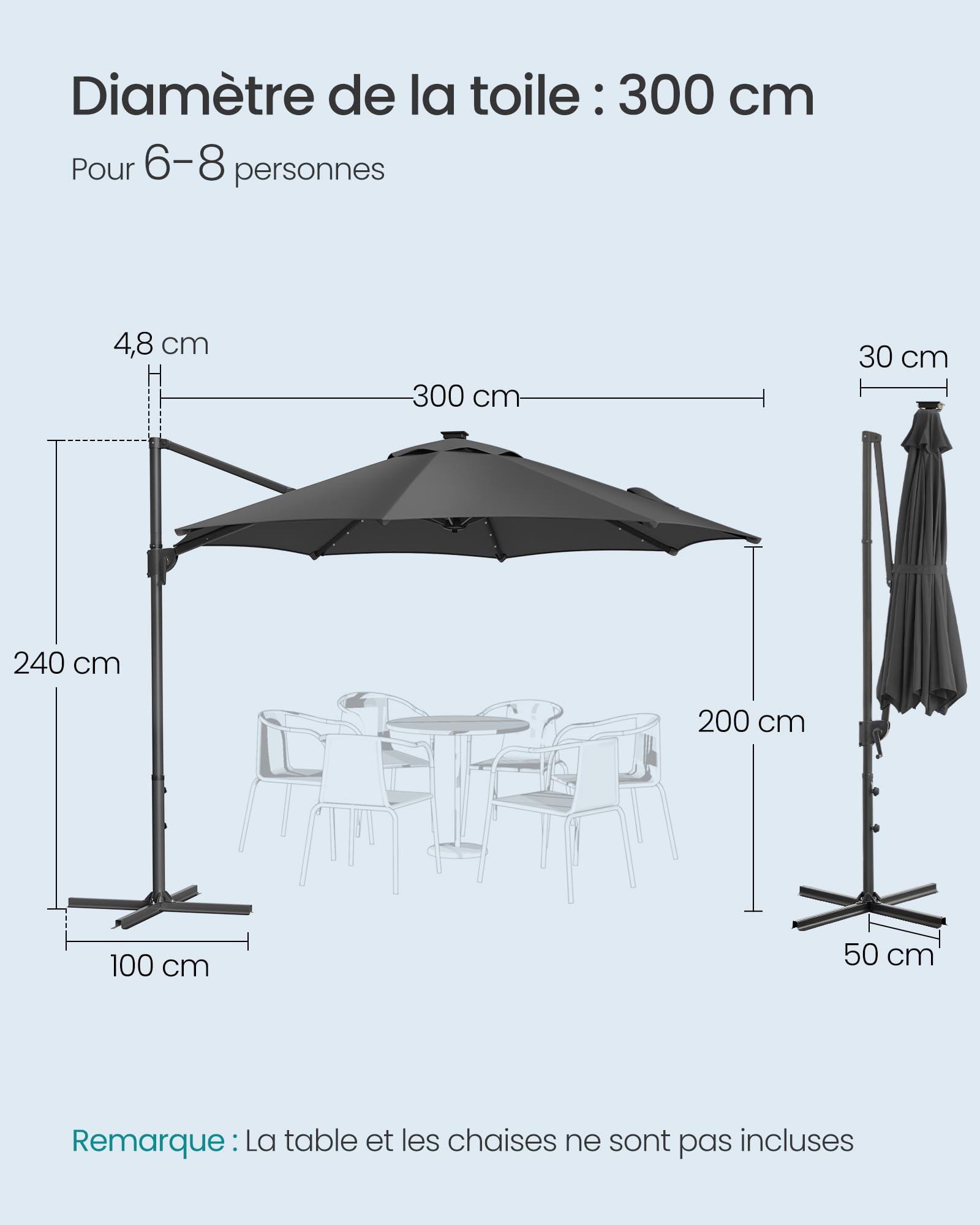 SONGMICS Parasol de Jardin 300 cm, 28 LED Solaires, UPF 50+, Parasol d Extérieur, Pivotant à 360°, Inclinaison Fluide, Manivelle, avec Base en Croix, Gris GPU047G02