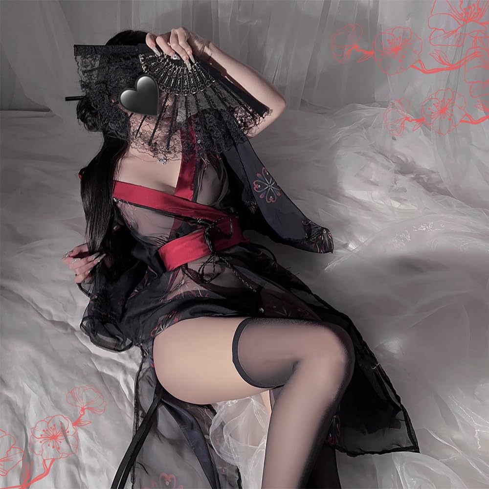 SENJIY sexy kimono lingerie for women costume cosplay robe Perspective Cute open front Deep V-Neck Floral Pattern short dress japanese Yukata Anime Side Slit suit Sleepwear Pajamas outfit set black