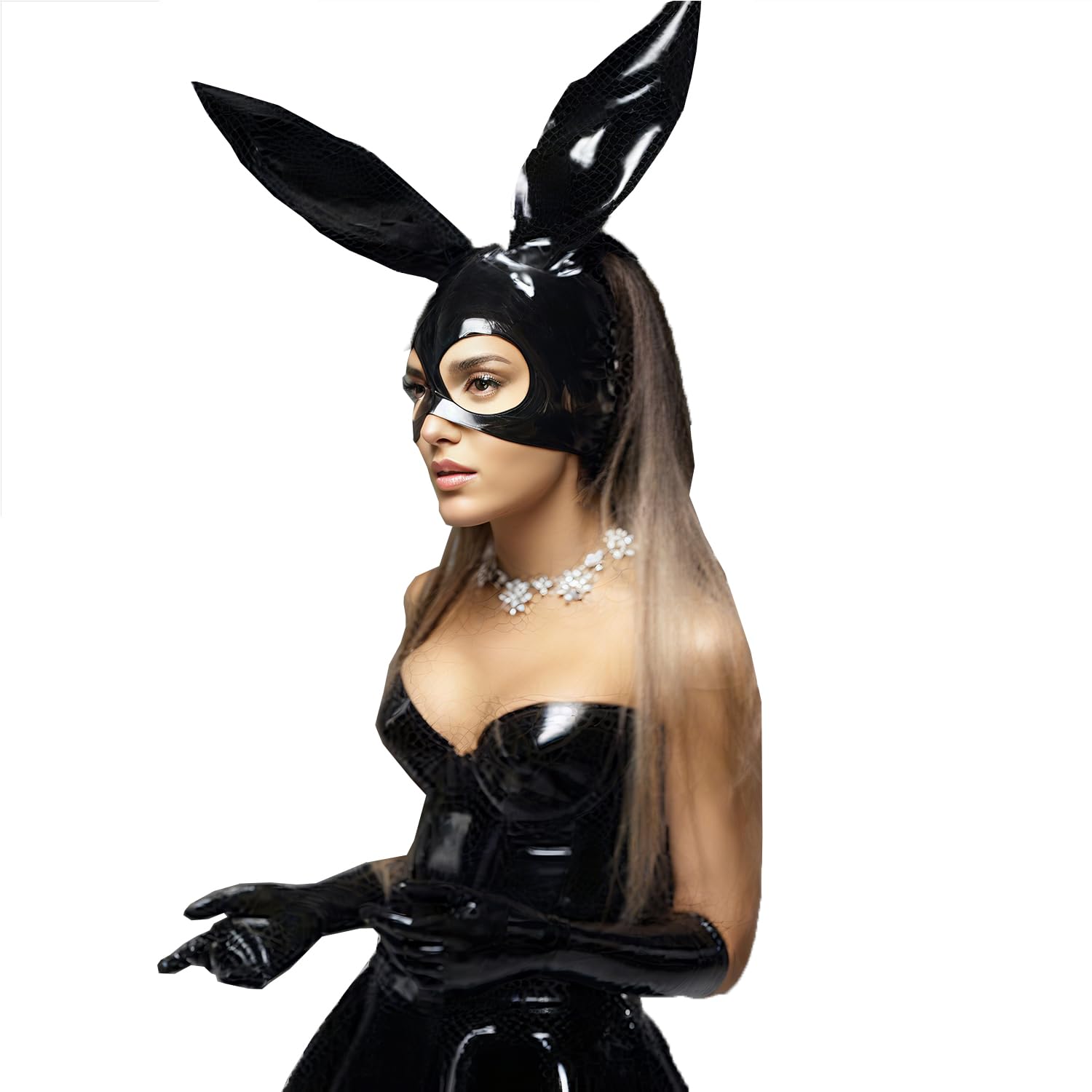 Kangxinsheng Handmade Black Natural Rubber Latex Mask with Bunny Ear,Latex Half Face Mask for Women,for Masquerade for Easter Cosplay-L