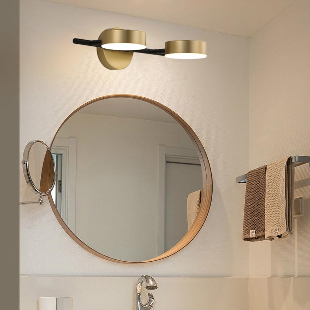 Mengjay Apliques LED Pared Interior,Aplique Espejo Baño, 360°Lámpara de Pared Giratoria Moderno Dorado Lámpara de Cabecera con 3 Temperaturas para Dormitorio Salón Cocina Baño (2 Luces)